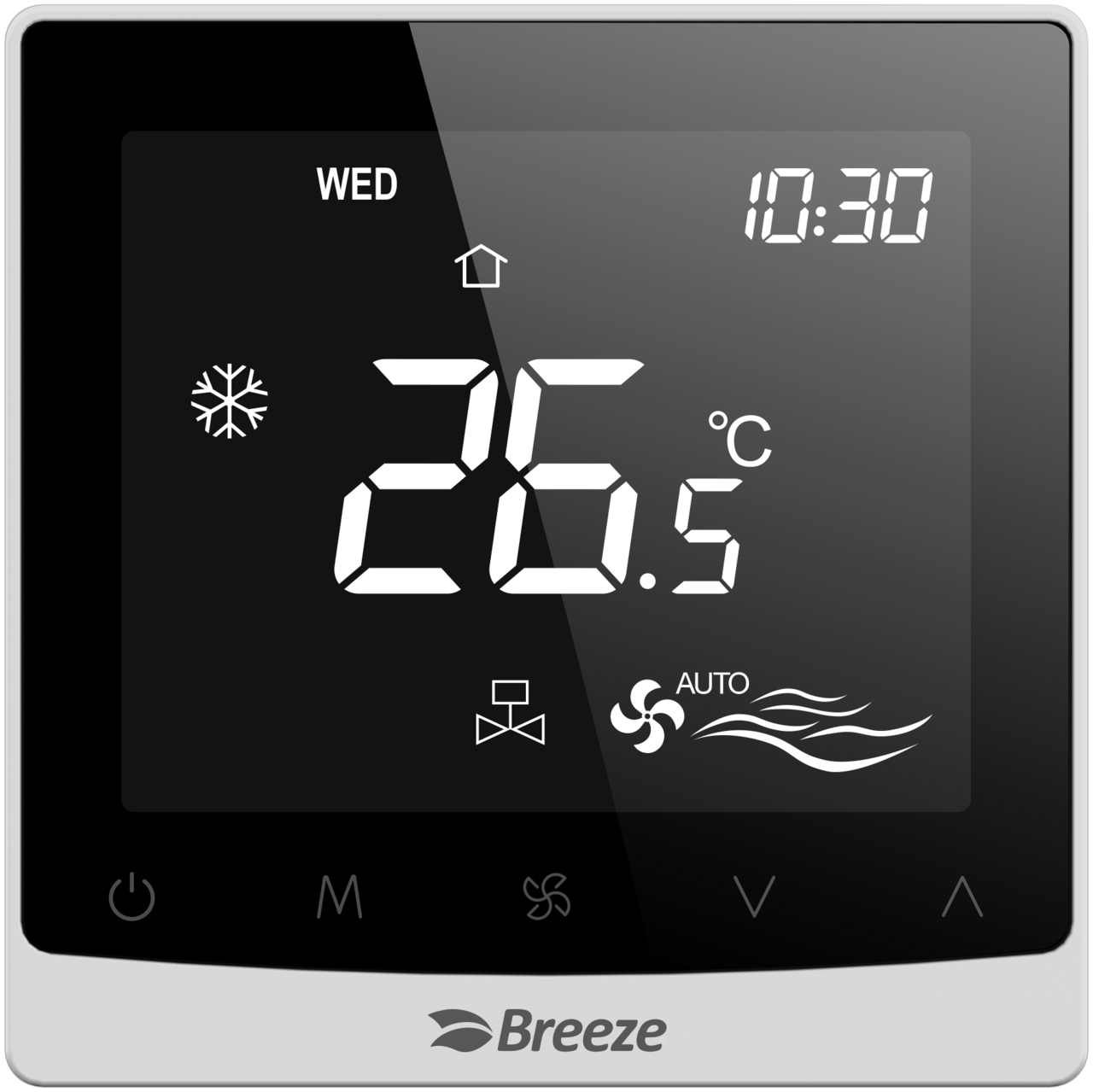 Digital thermostat showing cool mode, fan auto setting, and room temperature